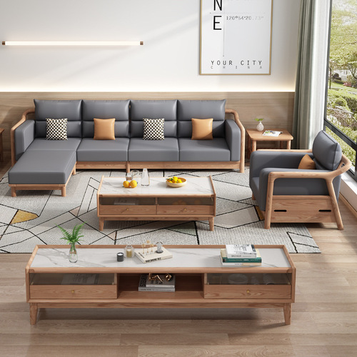 Nordic solid wood sofa ash wood living room straight sofa technology cloth simple modern small apartment log style sofa