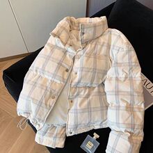 韩版灯芯绒格纹立领加厚棉服女冬新款气质保暖休闲慵懒风外套