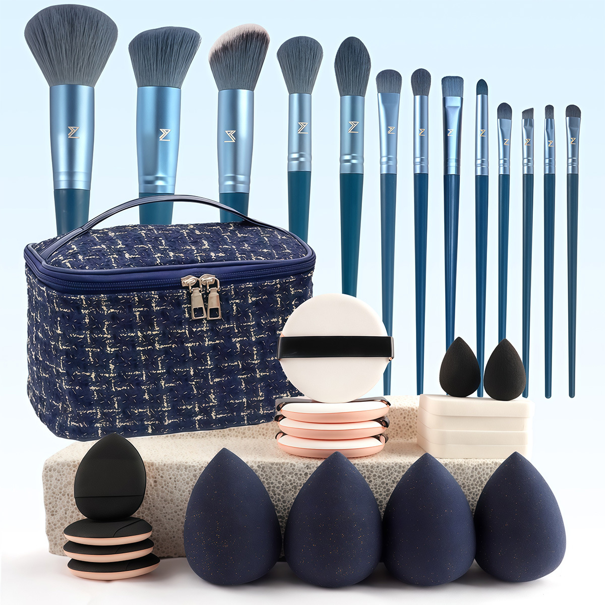 32 bolsas de maquillaje azules de fragancia, pincel de maquillaje en polvo, conjunto de herramientas de maquillaje de belleza, combinación transfronteriza de un agente de cabello