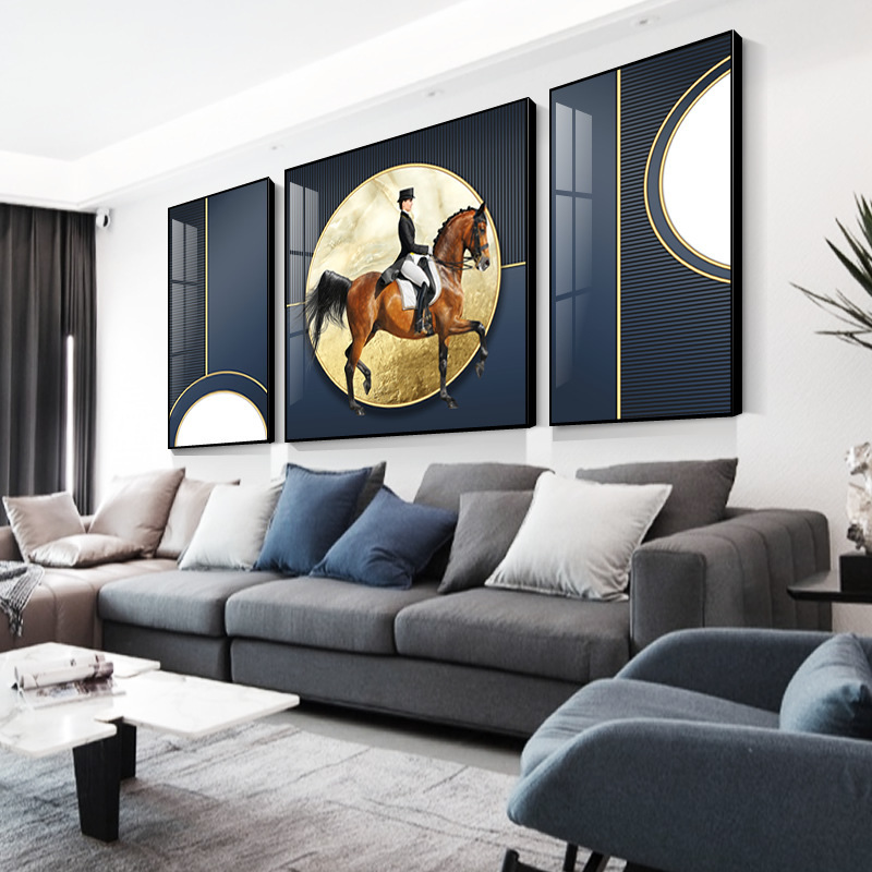 Modern Simple Light Luxury Atmospheric Hermes Knight Equestrian Hanging Painting Triple Crystal Porcelain Painting Living Room Background Wall Decorative Painting Modern Simple Light Luxury Atmospheric Hermes Knight Equestrian Hanging Painting Triple Crystal Porcelain Painting Living Room Background Wall Decorative Painting