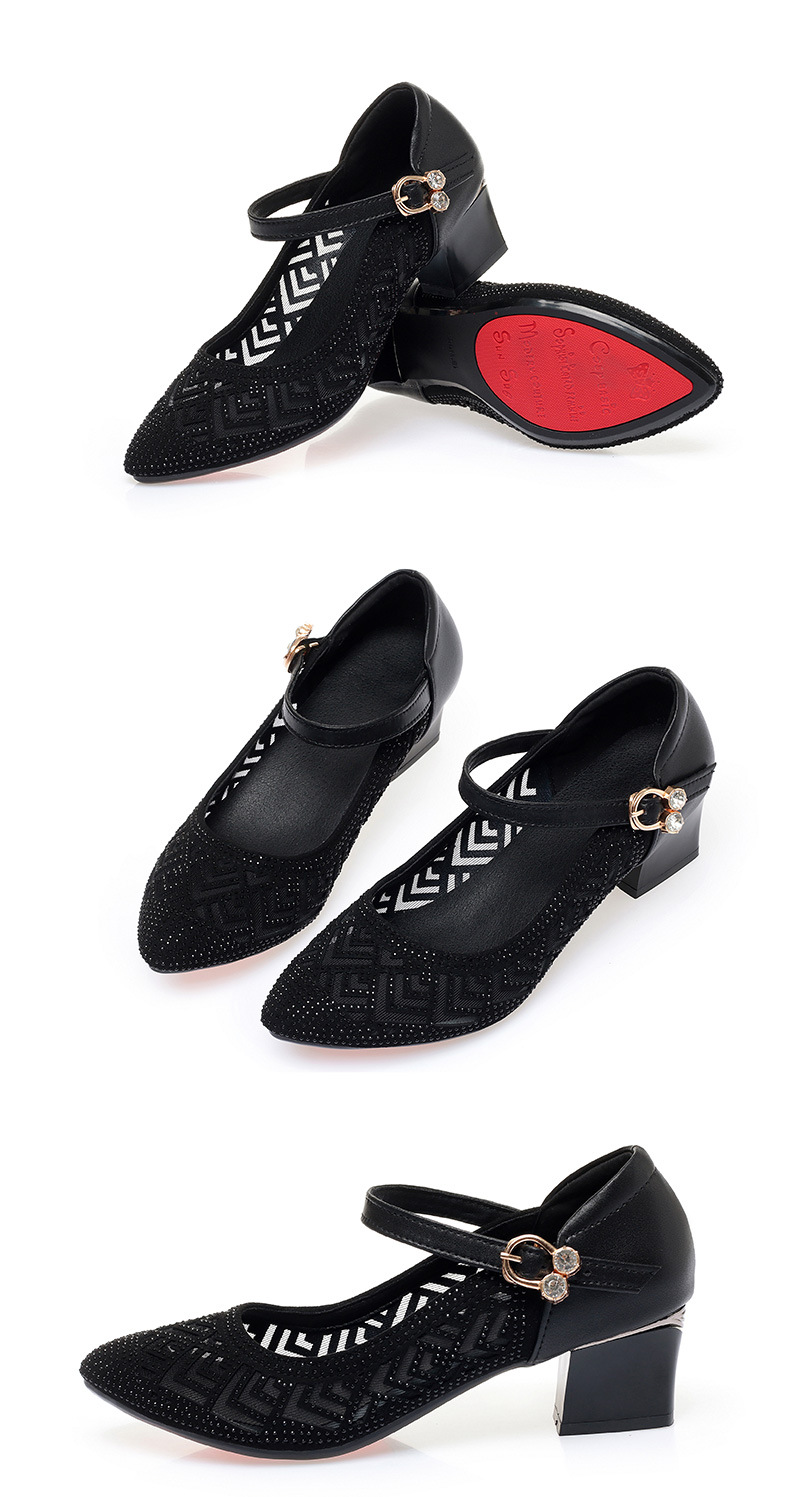 Sandal nữ da thật mũi kín lưới hở gót vuông ổn định — màu đen chi tiết 17