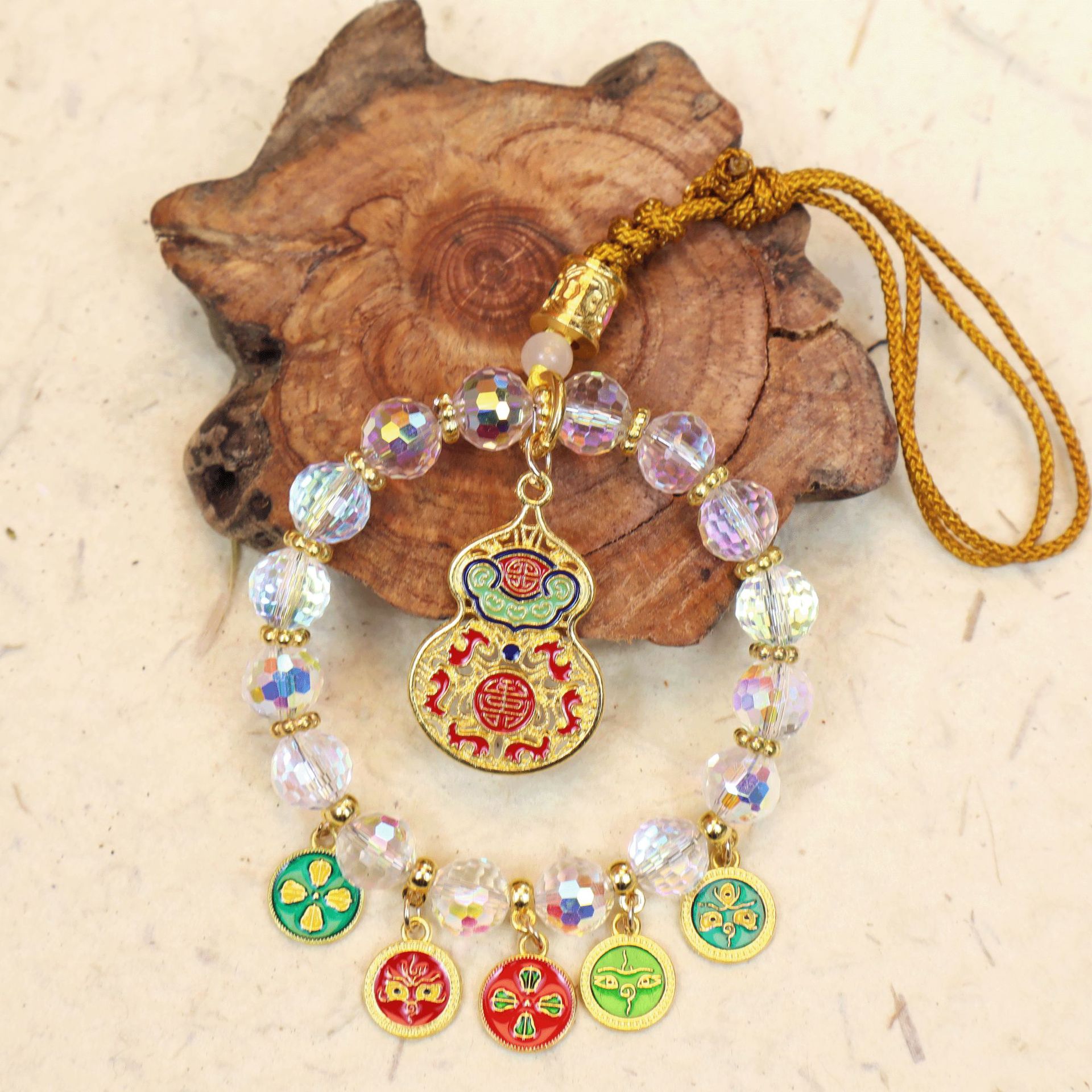 Crystal Five-Path Fortune God Car Hanging Ornament, Multicolor Abacus Lock, High-End Rearview Mirror Decoration, Wealth-Attracting Car Pendant, Interior Car Decoration