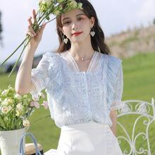 2025夏季新款法式V领碎花雪纺衬衫女短袖设计感小众气质洋气小衫