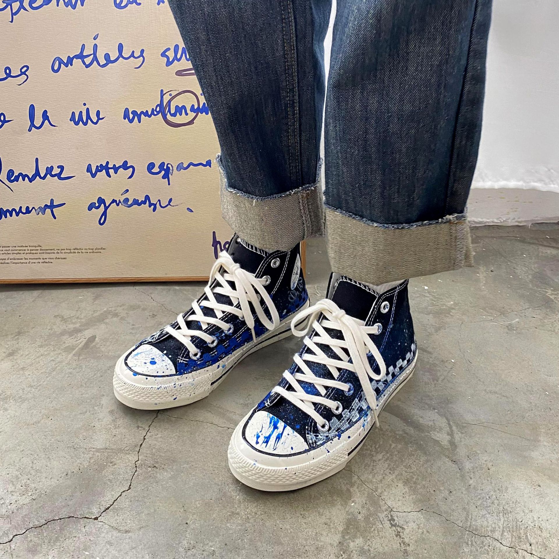 DIY1970S手绘泼墨格子女式帆布鞋帆布鞋成年现货W-9107泼墨格子帆