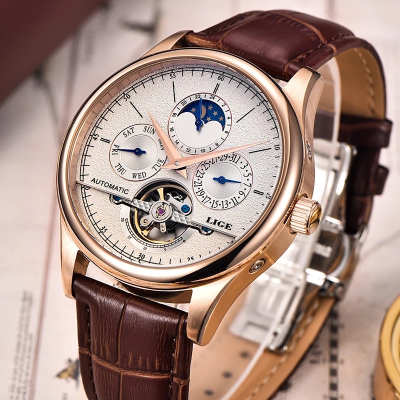 LIGE calendario semana nuevo movimiento mecánico automático hueco de negocios Sun Moon Star reloj de hombre 6826