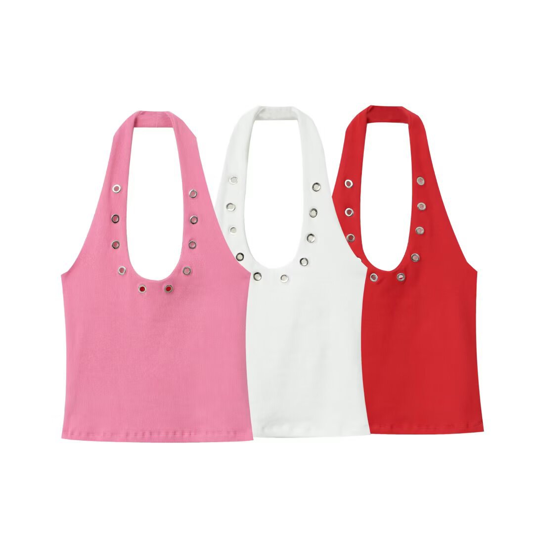 Pb&Za Women's 2025 Summer New Sweet and Spicy Style Ring Decorated Halter Neck Fashion Sleeveless T-Shirt 6050361