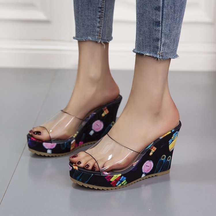 2022 여름 스트레이트 하이힐 샌들과 슬리퍼 달콤한 생선 입 신발 인쇄 두꺼운 밑창 웨지 투명 여성용 슬리퍼