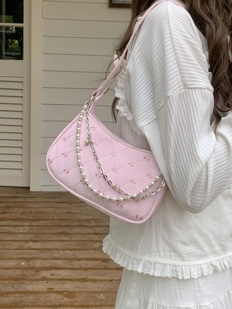 181g Weight Pearls, Sewing Thread, Chain Fashion Element Zipper Closure Type Single Shoulder Strap Strap Type Shoulder Bag Bags Type Casual, Daily, Shopping Occasion Pu Leather Material Solid Color, Bow Knot Pattern All Seasons Season Women's Gender Cute Style Square Shape Women's Pu Leather Solid Color Bow Knot Cute Pearls Sewing Thread Chain Square Zipper Shoulder Bag 1