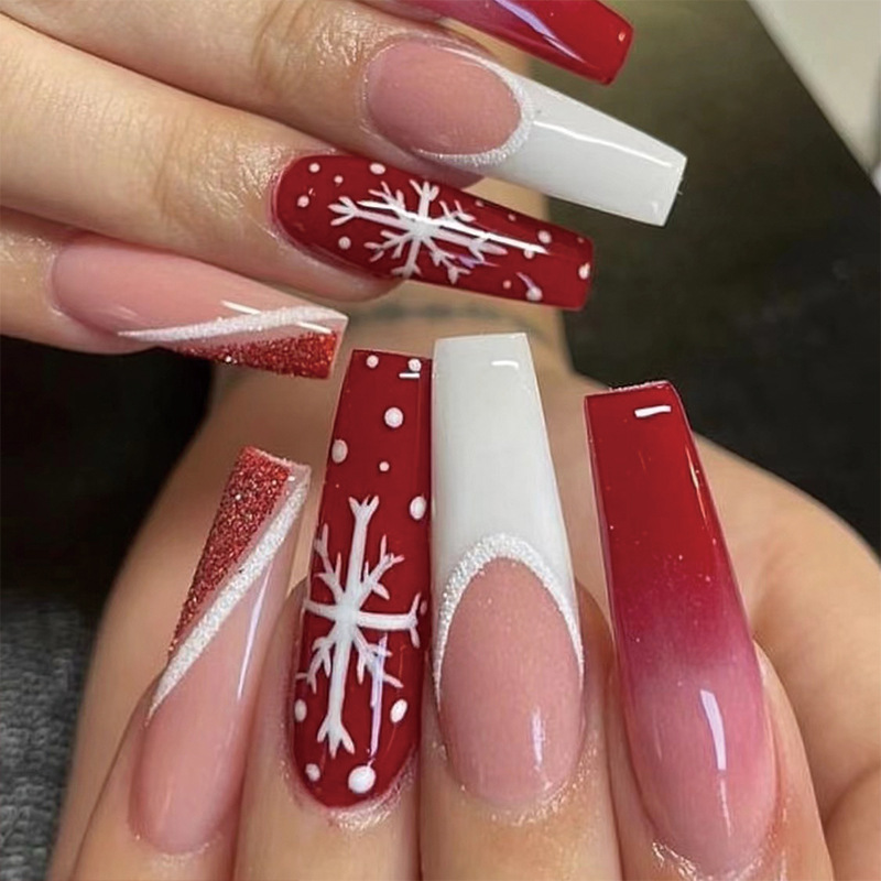 Wearable Nail Long White French Snowflake Christmas Fake Nail Manicure Patch Wearable Nail Patch Cross-Border