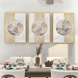 新中式禅意山水国画日式原木风屏风艺术海报装饰画图片画芯喷绘