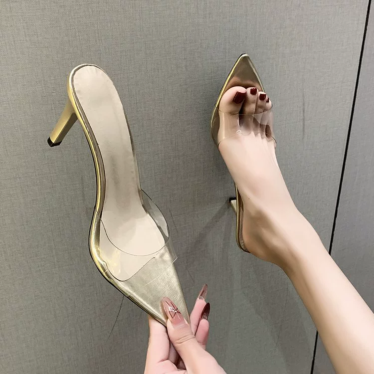 Прозрачные холодные тапочки на высоком каблуке женские модные туфли на каблуках