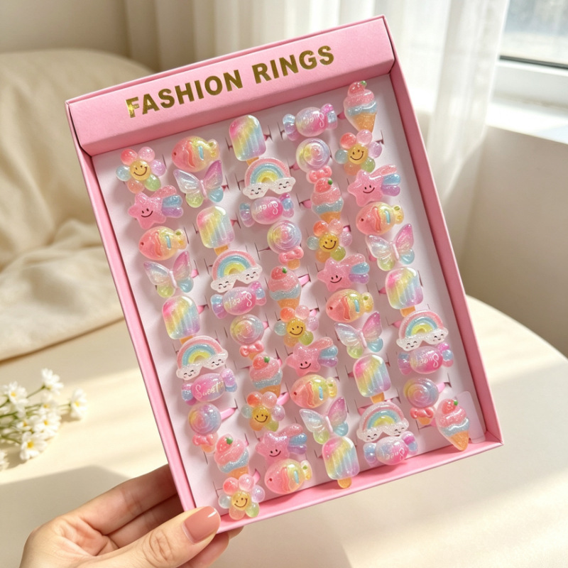 Anillo de flores de dibujos animados para niños transfronterizos 50 anillos de plástico esmerilado abierto en caja regalo de cumpleaños jardín de infantes