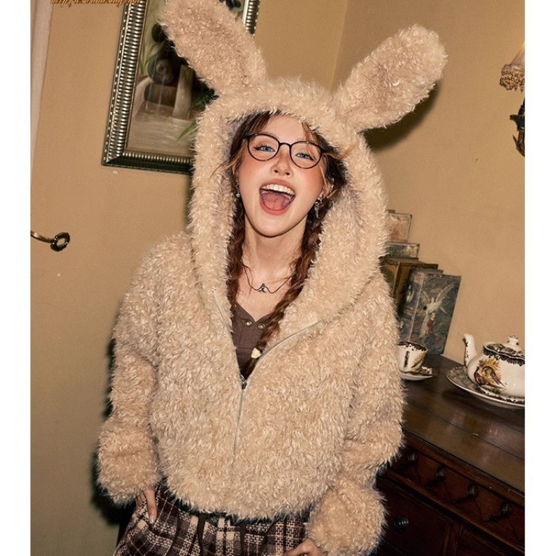 Cute Rabbit Ears Imitation Leather Short Hooded Plush Coat Women's Winter Loose Thickened Lazy Style