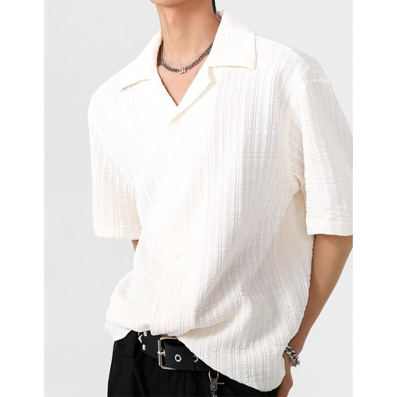 Cuban Collar Textured Shirt Short-Sleeved Men's Summer New Versatile Casual T-Shirt Half-Sleeved Loose High-End Jacket