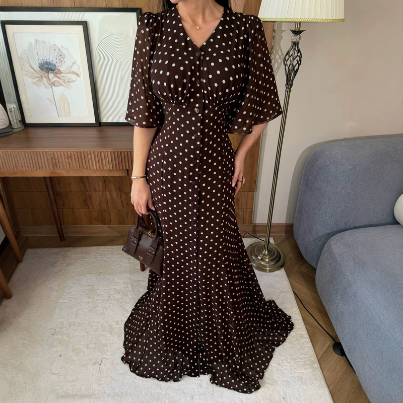 European and American Cross-Border Women's Clothing 2026 Summer New Sweet and Cute Polka Dot Bell Sleeve V-Neck Slim Long Dress