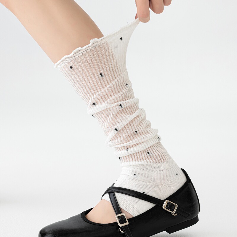 Ruffled Edge Sock Covers for Women, Spring and Summer Thin Half-Foot Polka Dot Slouch Socks, Miu Style White Calf Socks
