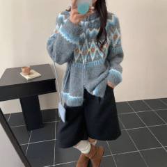 韩版复古费尔岛菱形提花拉链针织毛衣女秋冬新款慵懒百搭小众开衫