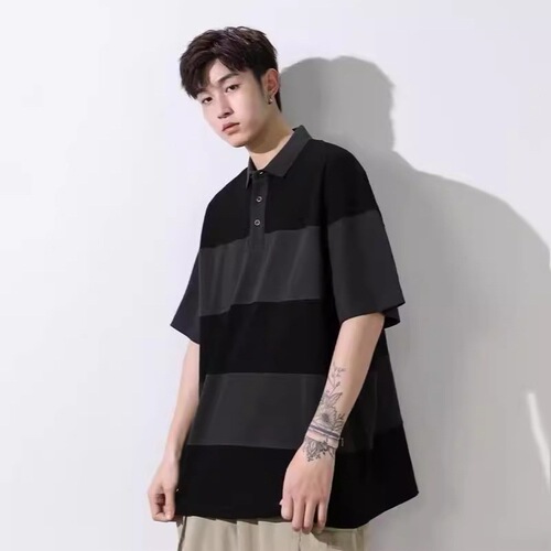 Blue-Striped Polo Shirt Japanese-Style Youth Collared T-Shirt Men's Short Sleeve Couple's Outfit Summer Wear Hong Kong Style Polo Cross-Border