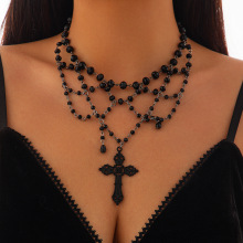 欧美朋克十字架流苏necklace爱心血滴暗黑系项链水晶珠哥特风项圈