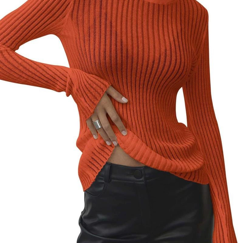 Top color sleepe neck knitted long women Solid round
