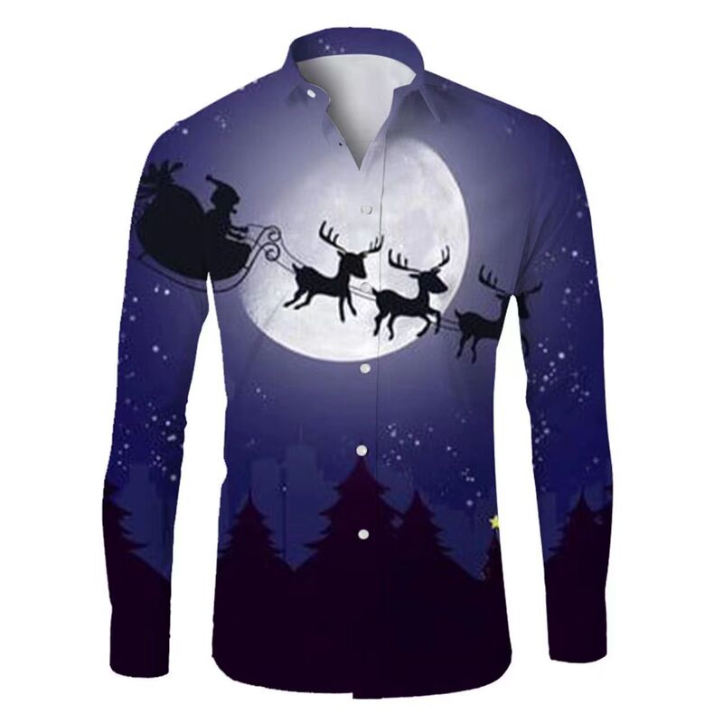 Cross-border Hot Selling European and American Style Fashion Men's 3D Digital Printing Long Sleeve Shirt Casual Christmas Series Men's Wear