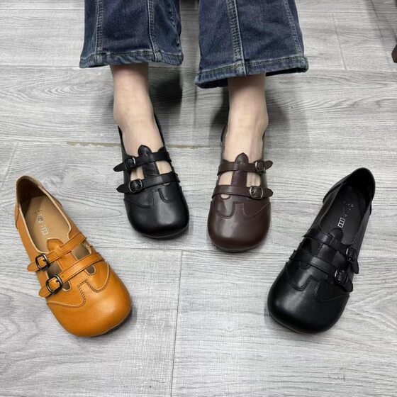 And Park's 2025 Spring/Summer New Genuine Leather Mary Jane Flat Casual Single Shoes Round Head Soft Bottom Belt Buckle Women's Shoes