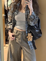 法式复古感格子衬衣外套女宽松长袖慵懒休闲早秋防晒衬衫上衣