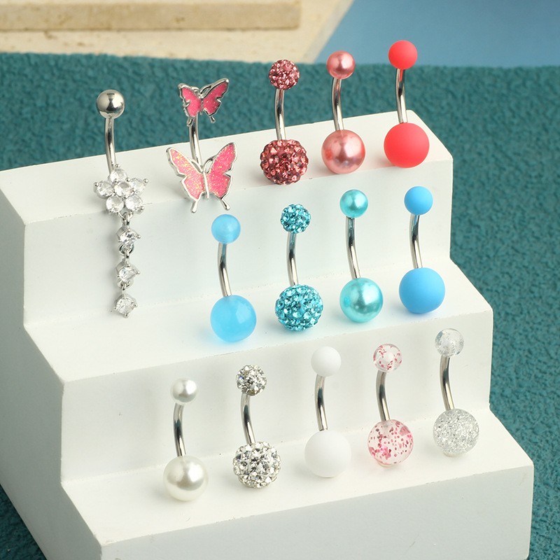 14-Piece Butterfly Navel Ring Set Stainless Steel Belly Button Piercing Jewelry Heart Design detail image 7