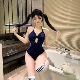 胖嘟嘟新款校园蓝连体衣性感萝莉镂空死库水小胸露背吊带显瘦清纯