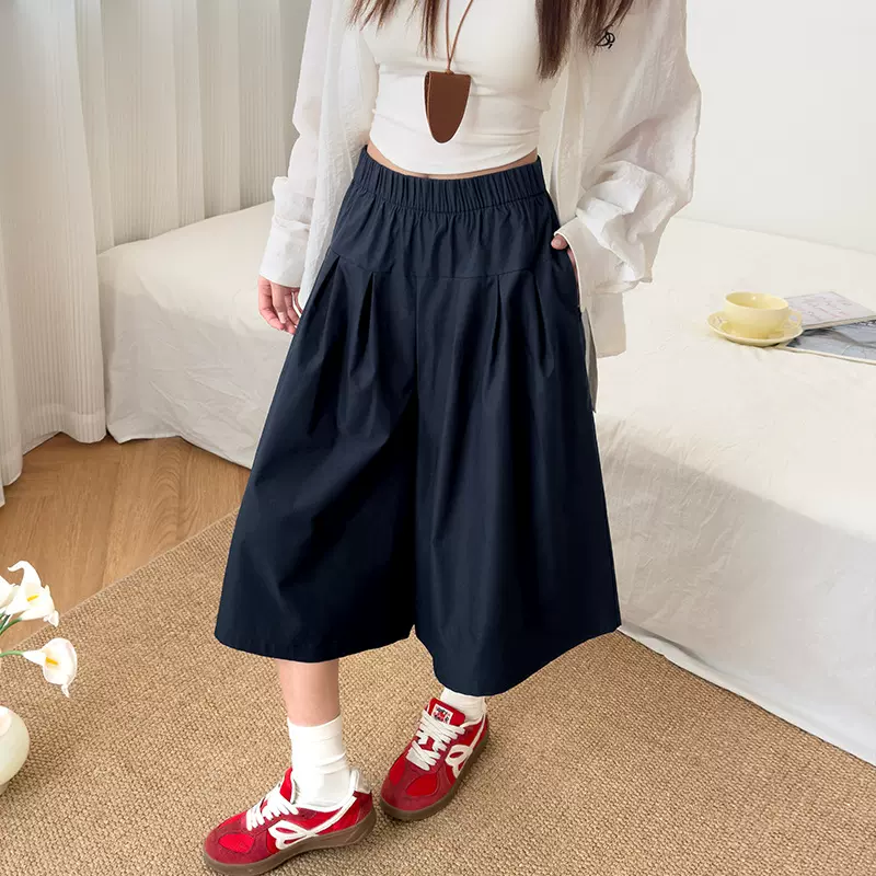 藏青色七分阔腿裙裤女夏季2026新款高腰显瘦宽松直筒小个子休闲裤
