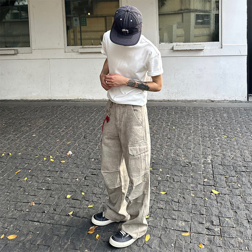 American High Street Marble Dark Texture Pleated Pocket Work Pants for Men and Women, American Paratrooper Pants, Loose Casual Long Pants, Trendy