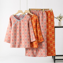 柿柿如意~古风纯棉睡衣女双层纱布提花春秋长袖中式国风家居套装