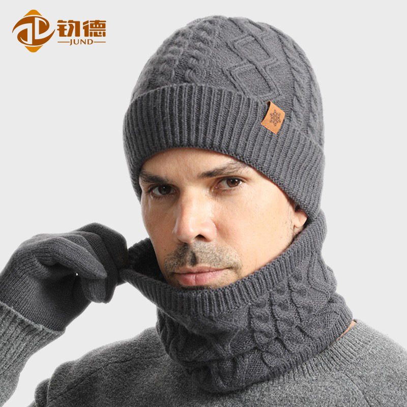 Knitted Hat Men's Winter fleece-lined Thickened Gloves Hat Scarf Three-piece Set Outdoor Riding Wool Knitted Hat