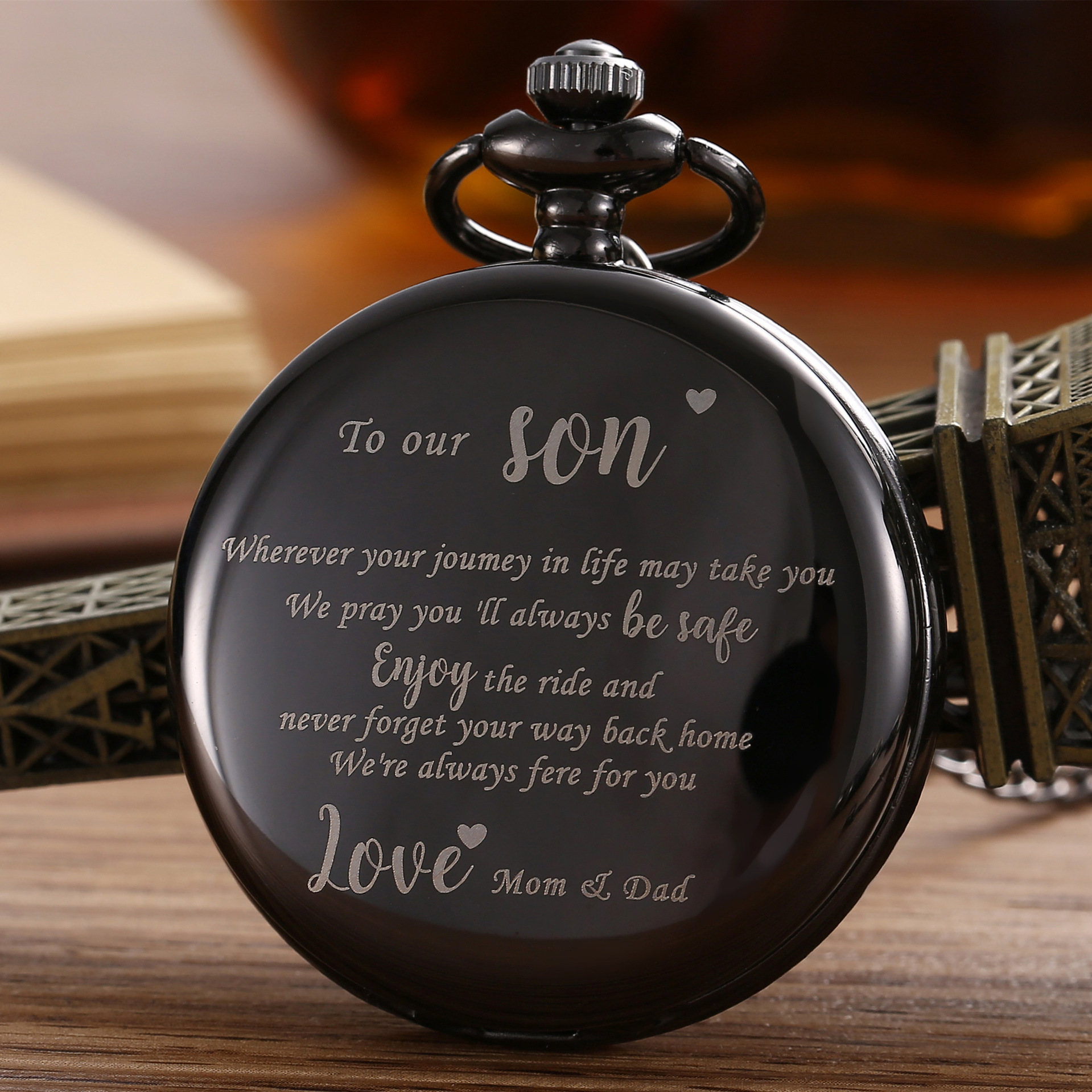 Cross-Border Hot Sale to Our Son, a Sister Fashion Laser Engraving Series Quartz Pocket Watch Wholesale