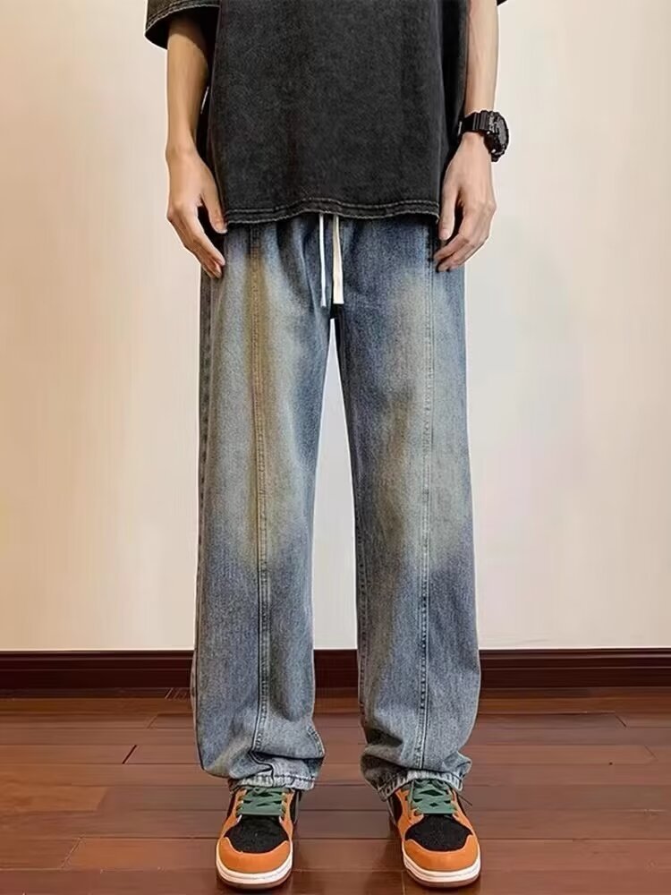 2024 primavera y otoño pantalones vaqueros de cintura elástica todo fósforo para hombres, pantalones de pierna ancha rectos sueltos para adolescentes de la calle principal