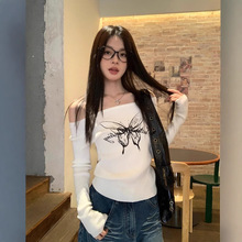 露肩蝴蝶印花打底针织衫女秋冬季新款设计感修身辣妹内搭毛衣上衣