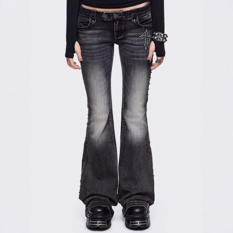 Cross-Border Trendy Brand American Retro Wing Embroidered Jeans for Women Y2K Street Style Spicy Girl Low-Waist Flared Jeans