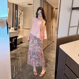 三宅褶皱流苏印花半身裙碎花压褶花裙子高级感百搭显瘦女