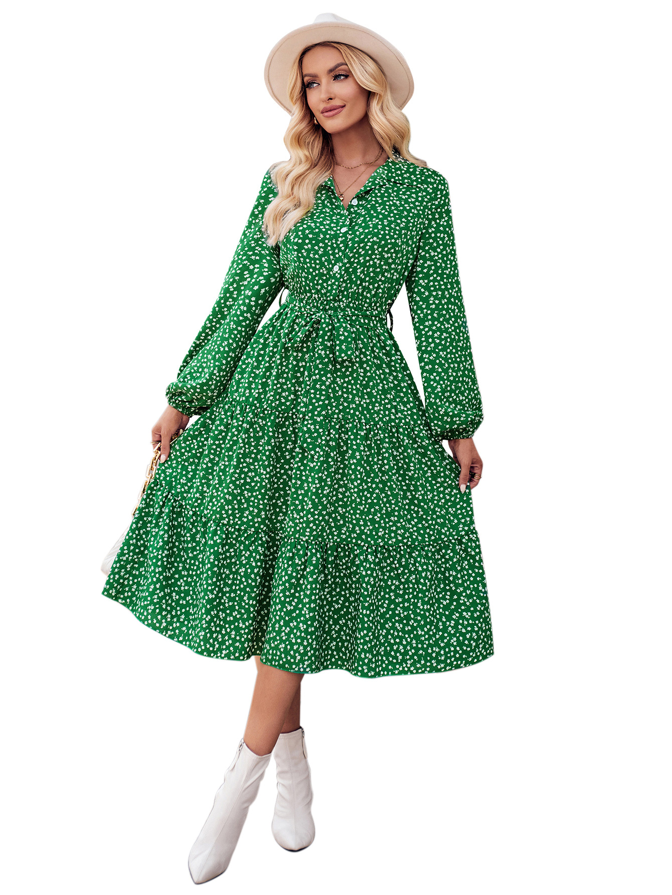 Printed Long Sleeve Loose Casual Slit Midi Dress