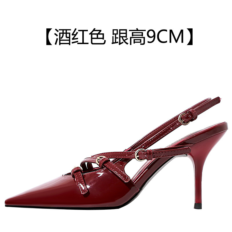 YX2025新款尖头法式皮带扣酒红色包头凉鞋小方头复古漆皮高跟鞋女|undefined