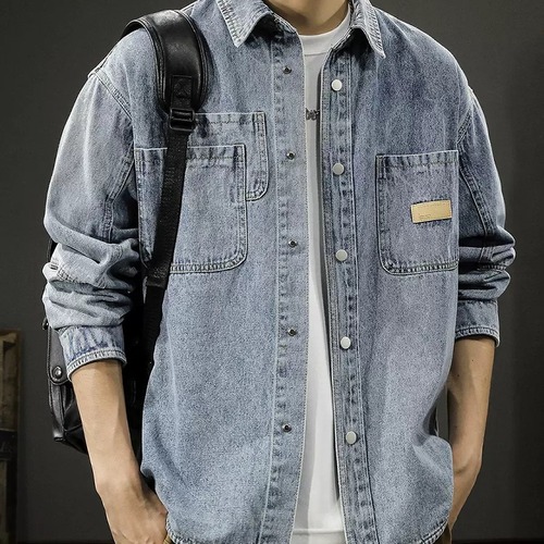 American classic heavy-duty denim shirt for men, long-sleeved, spring fashion brand loose casual work jacket outerwear