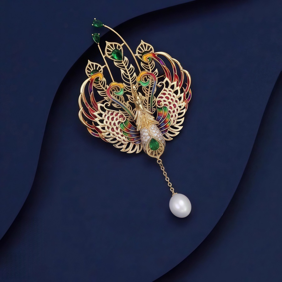 High-End Heavy-Duty Chinese Style Colorfulful Phoenix Brooch for Women, Pearl Tassel Pendant, Corsage, Clothing Accessories