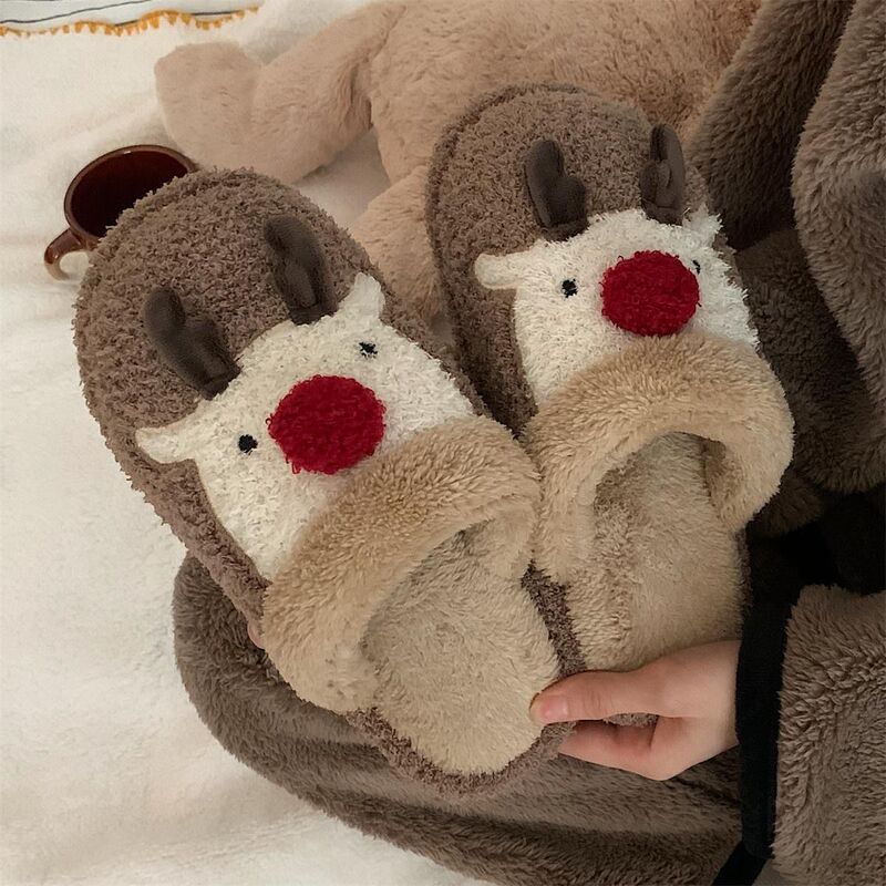 Ins Fashion Home Non-Slip Warm Plush Shoes for Women Winter Love Road Fleece-Lined Cute Christmas Elk Cotton Slippers for Men Ins Fashion Home Non-Slip Warm Plush Shoes for Women Winter Love Road Fleece-Lined Cute Christmas Elk Cotton Slippers for Men