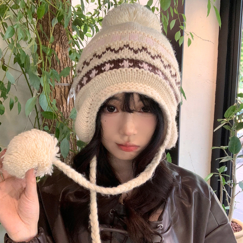 秋冬日氛围感费尔岛风针织护耳毛球帽保暖撞色百搭毛线帽子雷锋帽|undefined