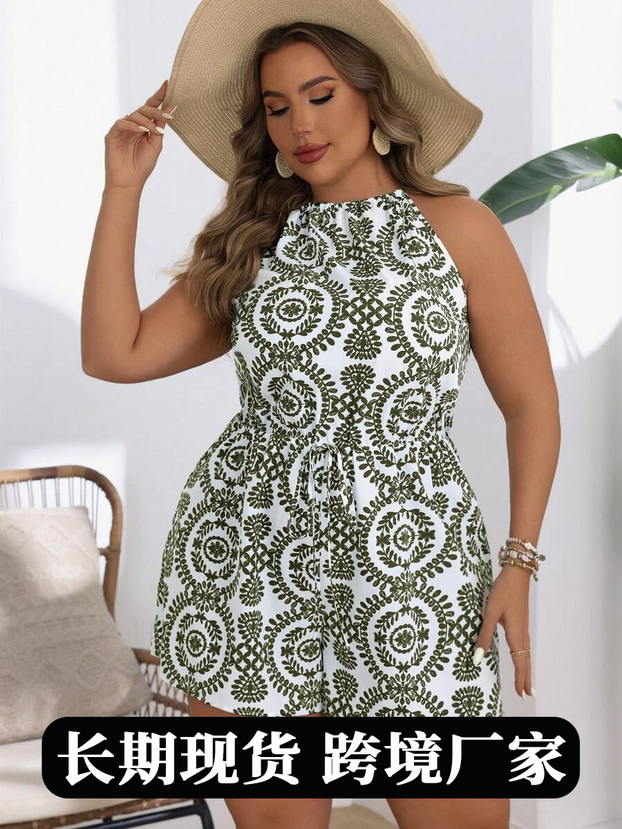 Mono de mujer de talla grande con estampado sencillo y espalda descubierta, superventas en Europa y América, verano 2026, para comercio exterior transfronterizo, en stock.