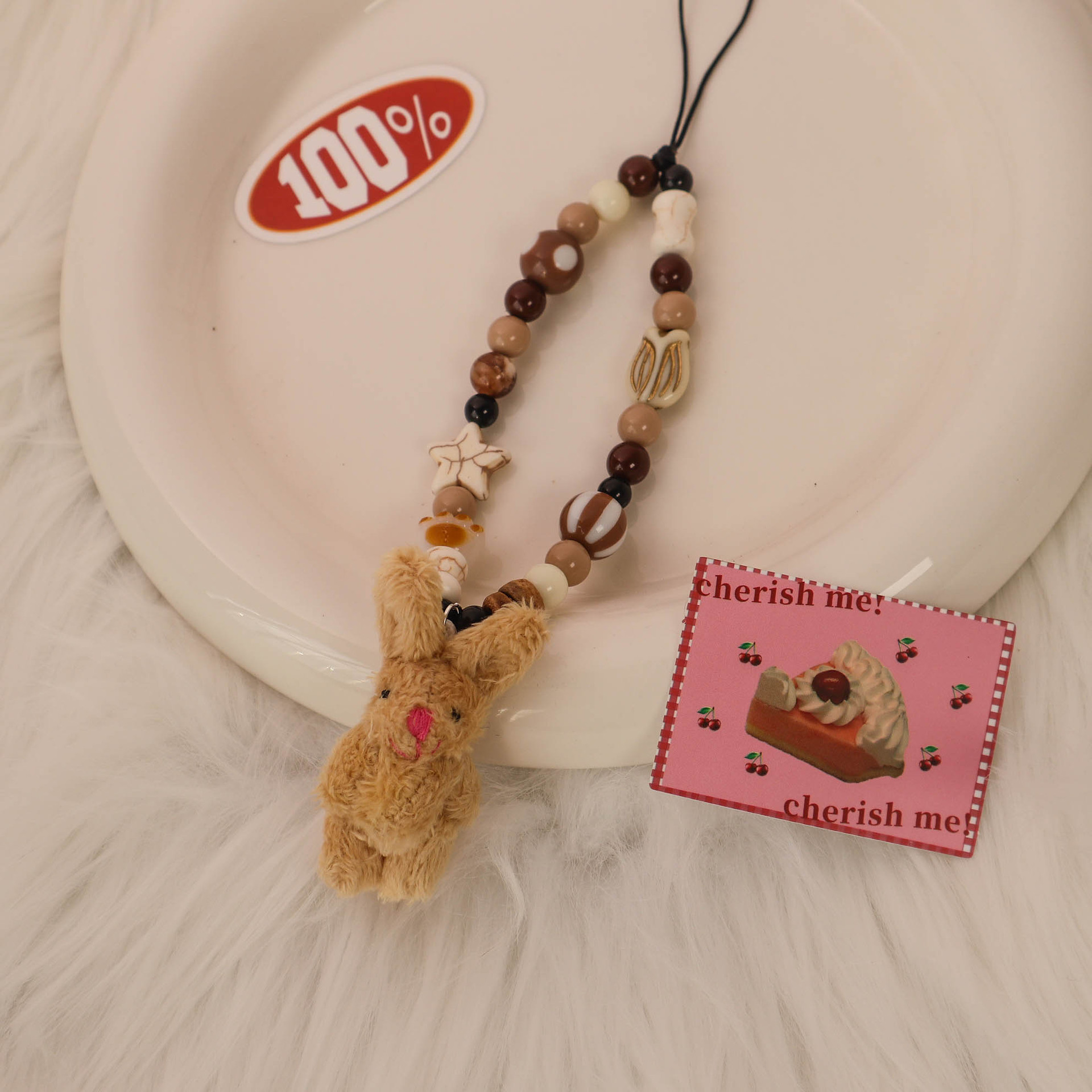 Woo original Rosa marrón conejito conjunto Cadena de teléfono móvil nicho ins estilo teléfono móvil cuerda Rosa marrón conejo CCD Cámara cadena