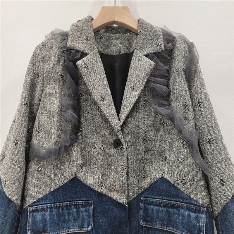 Saco Formal de Mezclilla con Malla para Mujer con Cuello de Solapa