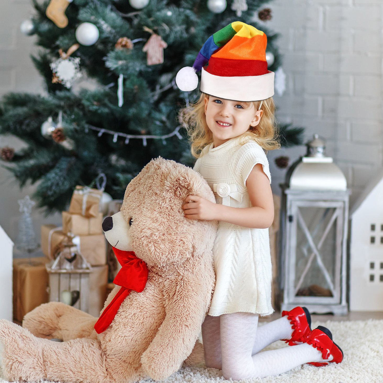 Navidad caliente arco iris sombrero de Navidad Europa y América transfronterizos peluche sombrero de decoración para niños fiesta sombrero de Santa Claus