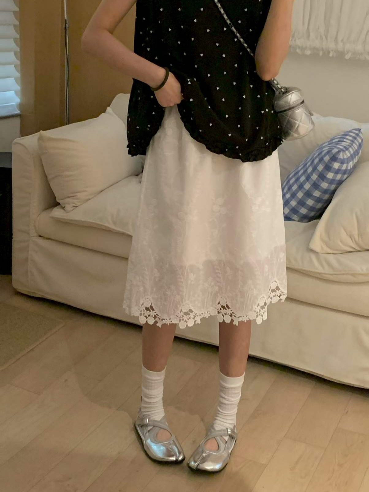 White summer elegant fresh skirt, with embroidery, A-line