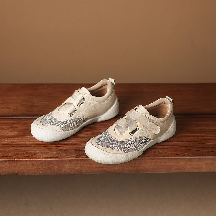 Giày sneaker nữ phối màu da thật lỗ thoáng khí đế bệt buộc dây kết hợp miếng dán — màu trắng ngà chi tiết 50